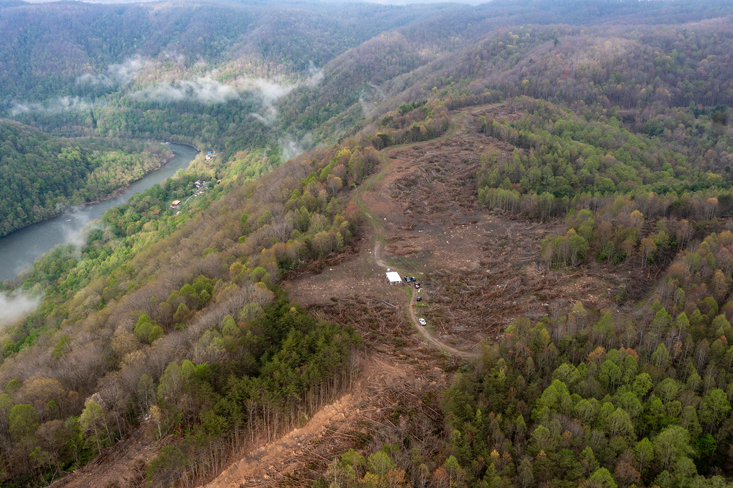 overhead view of a location that was previously mined and has been partly restored to the forest it once was